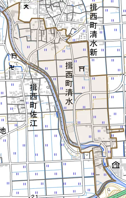 揖西町清水とその周辺の地図。町の範囲を重ねている