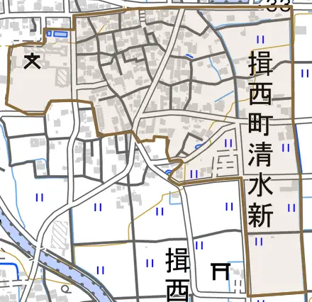 揖西町清水新とその周辺の地図。町の範囲を重ねている