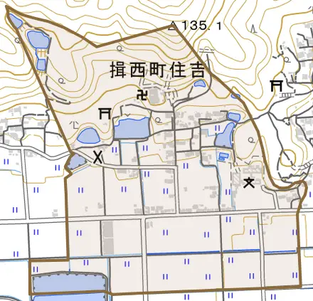 揖西町住吉とその周辺の地図。町の範囲を重ねている