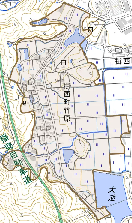 揖西町竹原とその周辺の地図。町の範囲を重ねている