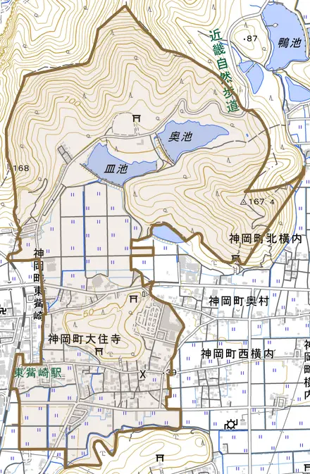 神岡町大住寺とその周辺の地図。町の範囲を重ねている