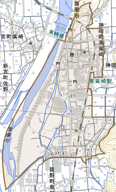 神岡町東觜崎とその周辺の地図。町の範囲を重ねている