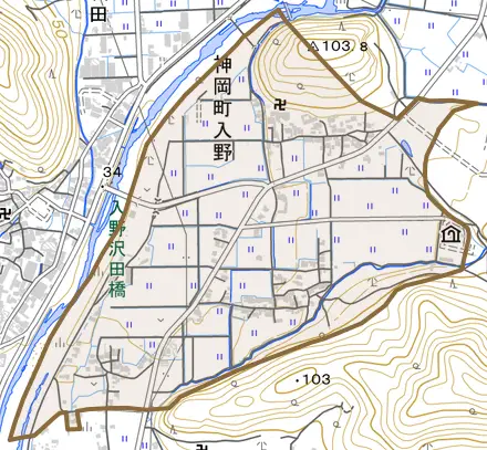 神岡町入野とその周辺の地図。町の範囲を重ねている