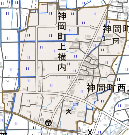 神岡町上横内とその周辺の地図。町の範囲を重ねている