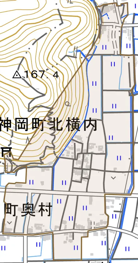 神岡町北横内とその周辺の地図。町の範囲を重ねている