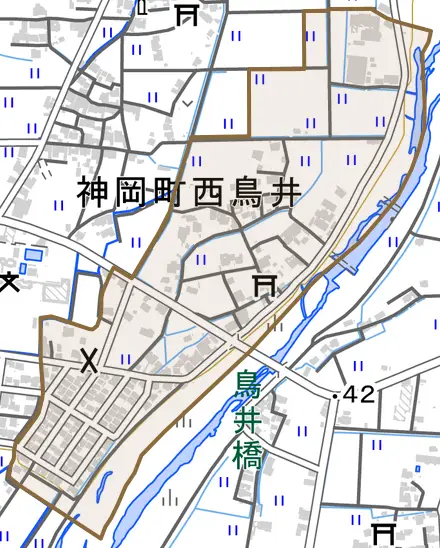 神岡町西鳥井とその周辺の地図。町の範囲を重ねている