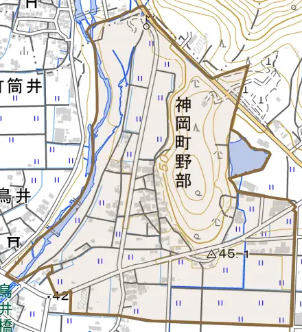 神岡町野部とその周辺の地図。町の範囲を重ねている