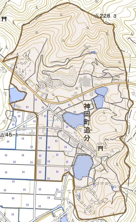 神岡町追分とその周辺の地図。町の範囲を重ねている