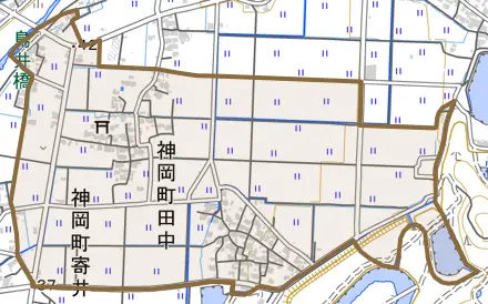 神岡町田中とその周辺の地図。町の範囲を重ねている