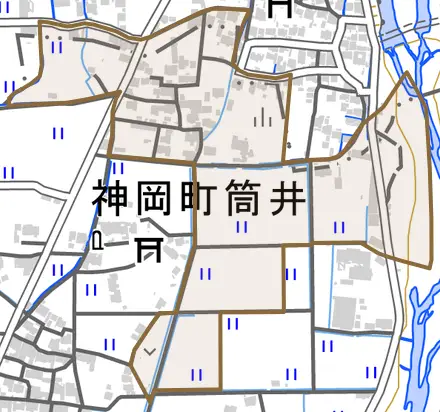 神岡町筒井とその周辺の地図。町の範囲を重ねている