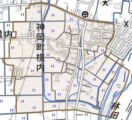 神岡町横内とその周辺の地図。町の範囲を重ねている