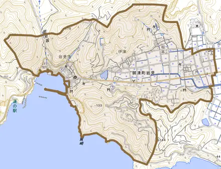 御津町岩見とその周辺の地図。町の範囲を重ねている