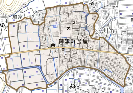 御津町釜屋とその周辺の地図。町の範囲を重ねている