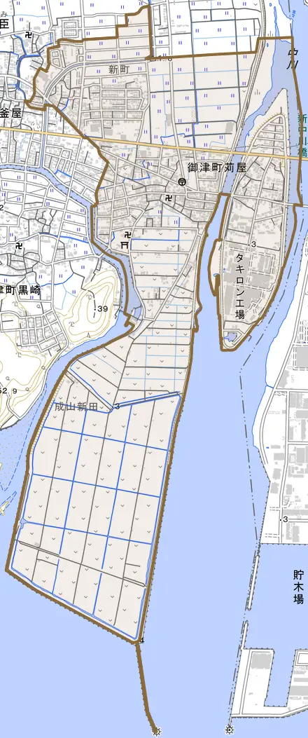 御津町苅屋とその周辺の地図。町の範囲を重ねている