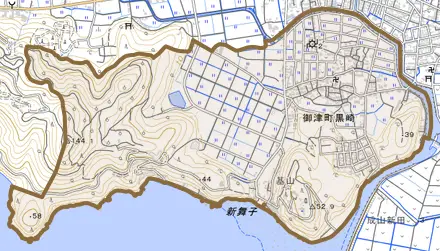 御津町黒崎とその周辺の地図。町の範囲を重ねている