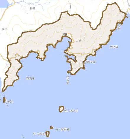 御津町室津とその周辺の地図。町の範囲を重ねている