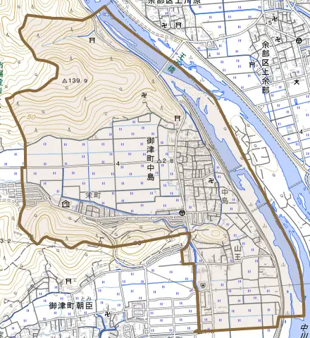 御津町中島とその周辺の地図。町の範囲を重ねている