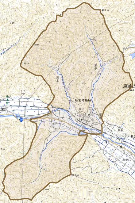 新宮町福栖とその周辺の地図。町の範囲を重ねている
