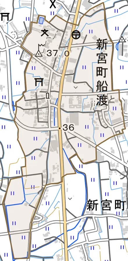 新宮町船渡とその周辺の地図。町の範囲を重ねている