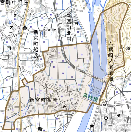 新宮町觜崎とその周辺の地図。町の範囲を重ねている