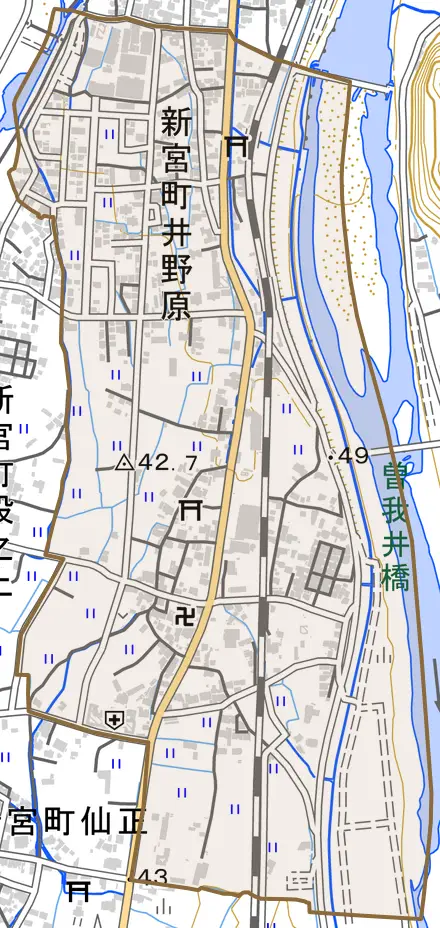 新宮町井野原とその周辺の地図。町の範囲を重ねている