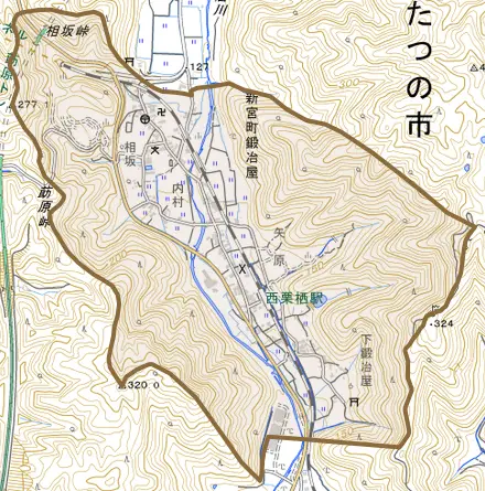 新宮町鍛冶屋とその周辺の地図。町の範囲を重ねている