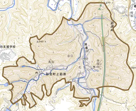 新宮町上莇原とその周辺の地図。町の範囲を重ねている