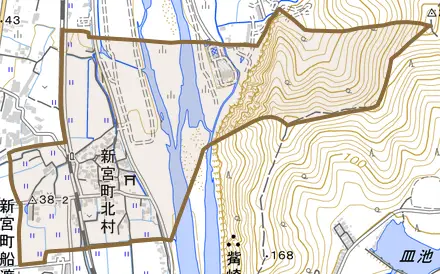 新宮町北村とその周辺の地図。町の範囲を重ねている