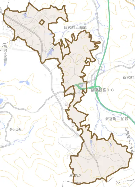 新宮町光都とその周辺の地図。町の範囲を重ねている