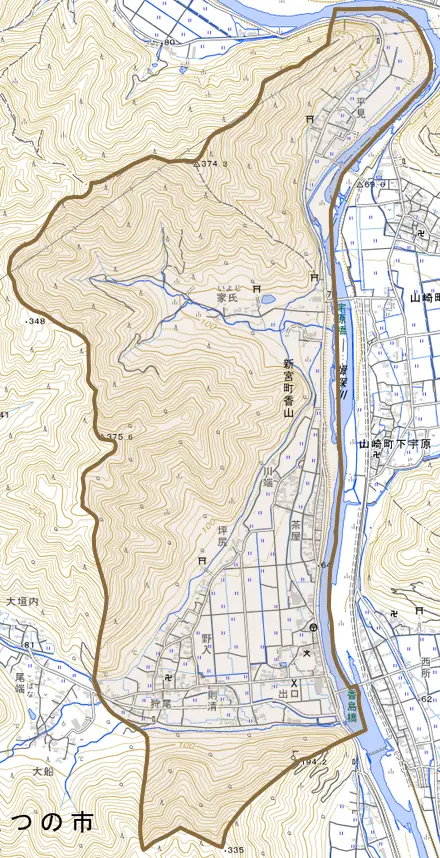 新宮町香山とその周辺の地図。町の範囲を重ねている