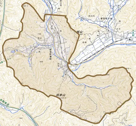 新宮町栗町とその周辺の地図。町の範囲を重ねている