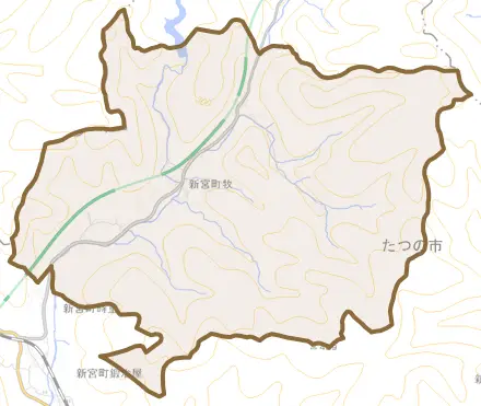 新宮町牧とその周辺の地図。町の範囲を重ねている