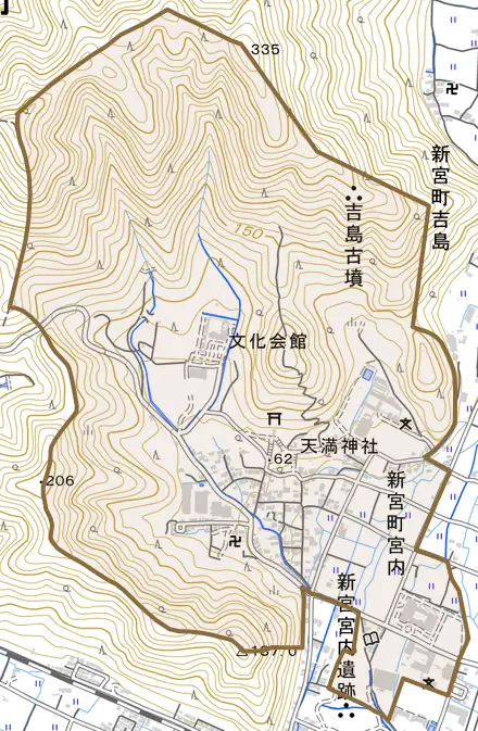 新宮町宮内とその周辺の地図。町の範囲を重ねている