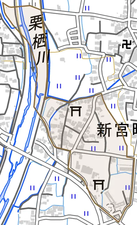 新宮町中野庄とその周辺の地図。町の範囲を重ねている