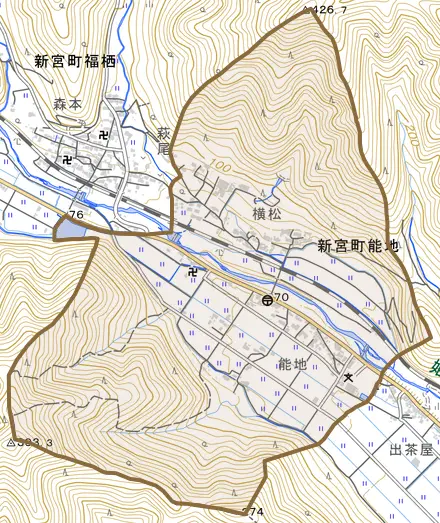 新宮町能地とその周辺の地図。町の範囲を重ねている
