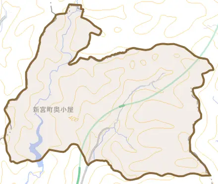 新宮町奥小屋とその周辺の地図。町の範囲を重ねている