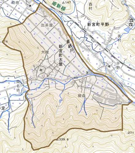 新宮町大屋とその周辺の地図。町の範囲を重ねている