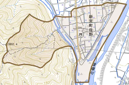 新宮町佐野とその周辺の地図。町の範囲を重ねている