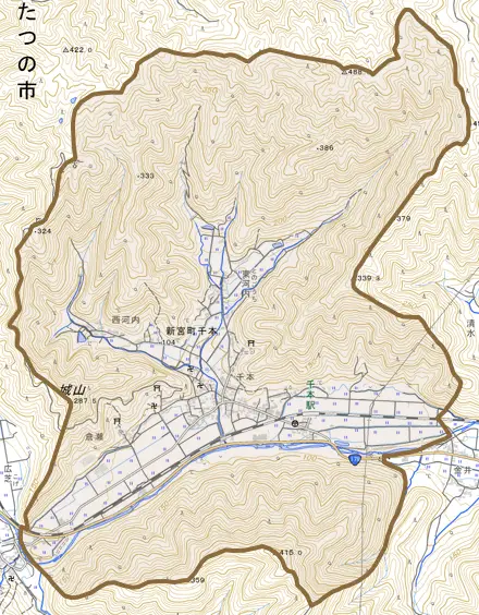 新宮町千本とその周辺の地図。町の範囲を重ねている