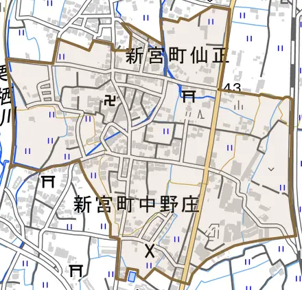 新宮町仙正とその周辺の地図。町の範囲を重ねている