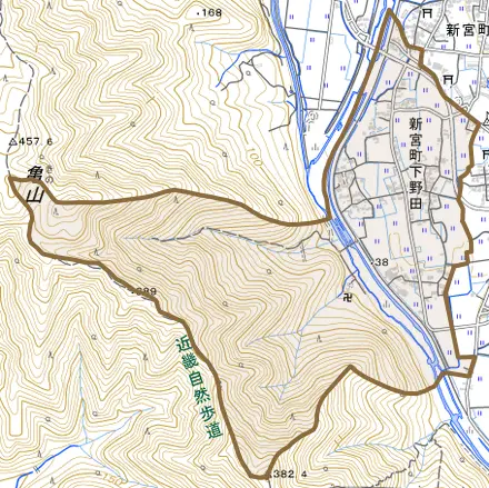 新宮町下野田とその周辺の地図。町の範囲を重ねている