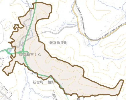 新宮町角亀とその周辺の地図。町の範囲を重ねている