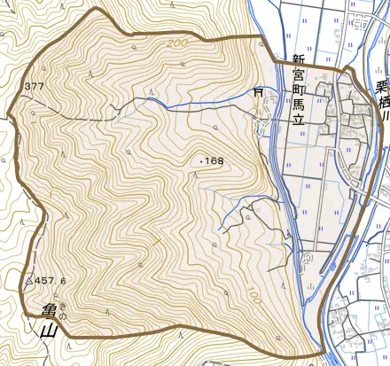 新宮町馬立とその周辺の地図。町の範囲を重ねている