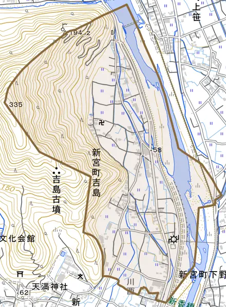 新宮町吉島とその周辺の地図。町の範囲を重ねている