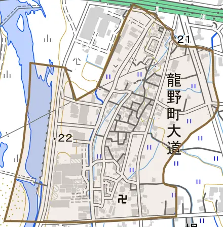 龍野町大道とその周辺の地図。町の範囲を重ねている