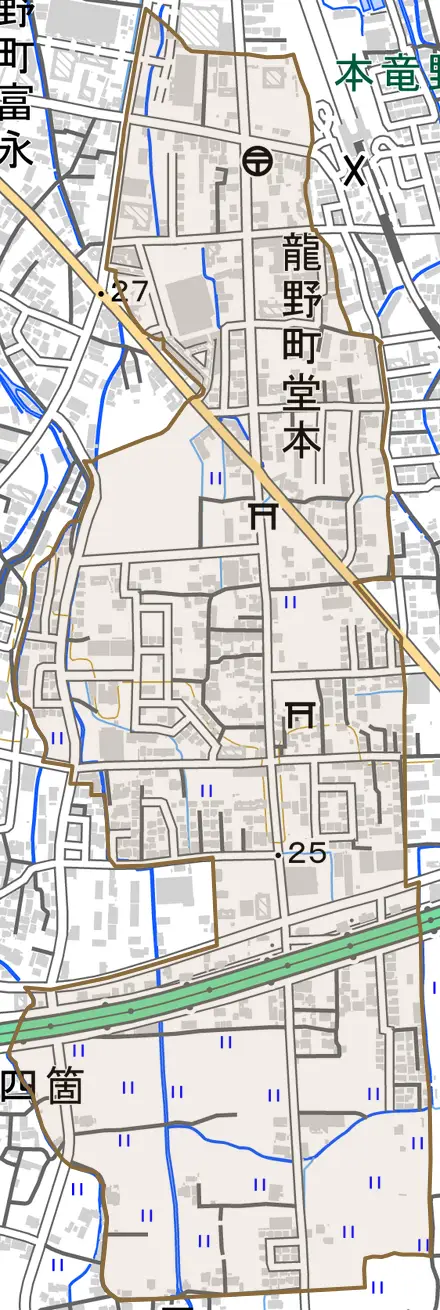 龍野町堂本とその周辺の地図。町の範囲を重ねている