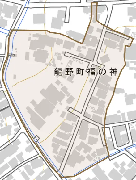 龍野町福の神とその周辺の地図。町の範囲を重ねている
