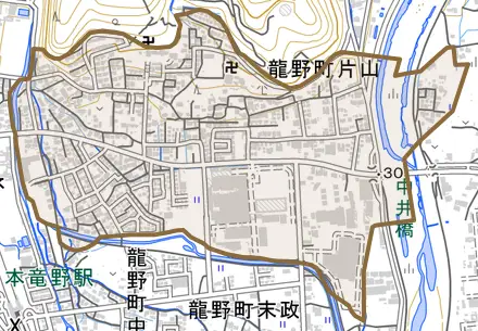 龍野町片山とその周辺の地図。町の範囲を重ねている