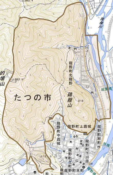 龍野町北龍野とその周辺の地図。町の範囲を重ねている