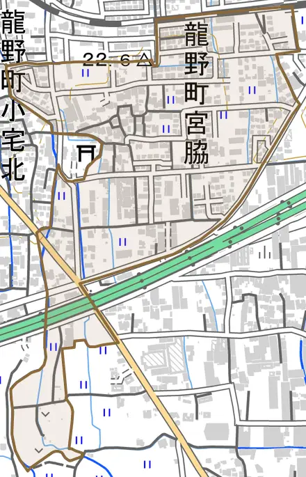 龍野町宮脇とその周辺の地図。町の範囲を重ねている